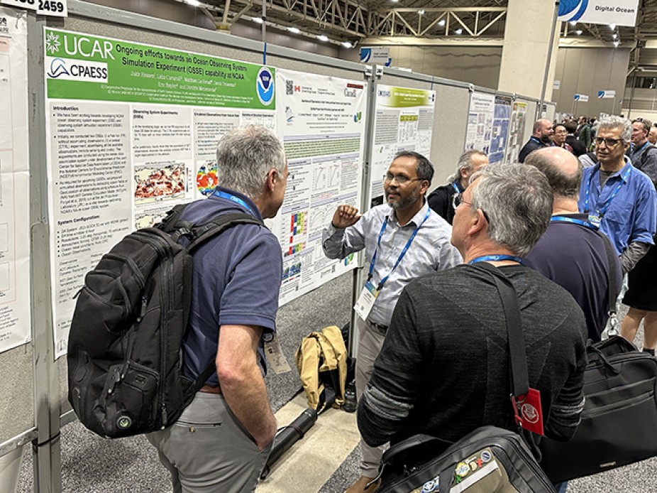 CPAESS Oceanographer Jakir Hossen who works work the NOAA Quantitative Observing System Assessment Program (QOSAP) shares his finding at a poster session.