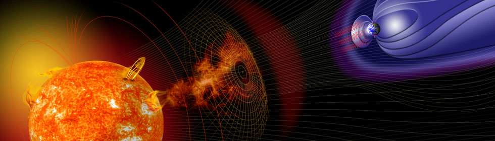 Artist illustration of events on the sun affecting Earth’s protective magnetosphere. 