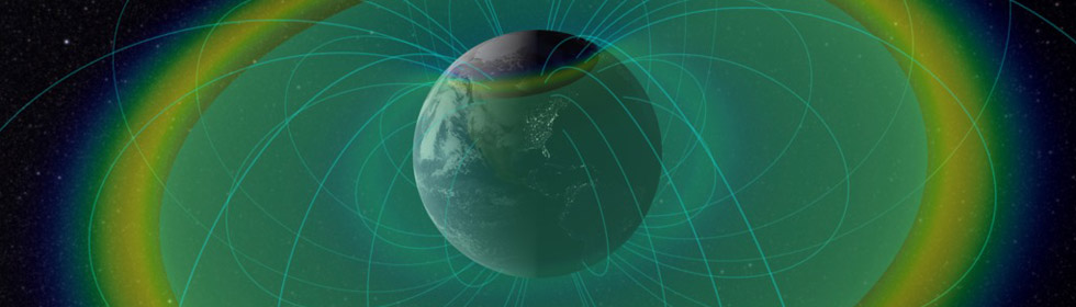 Visualization of Earth surrounded by plasmapause (blue-green surface) and radiation belts (multi-color). 