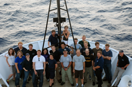 Crew members on deck of the Okeanos Explorer ship.