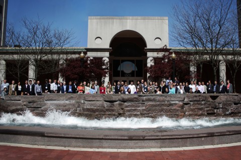 Large group in front of building