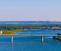 blue river with bridge