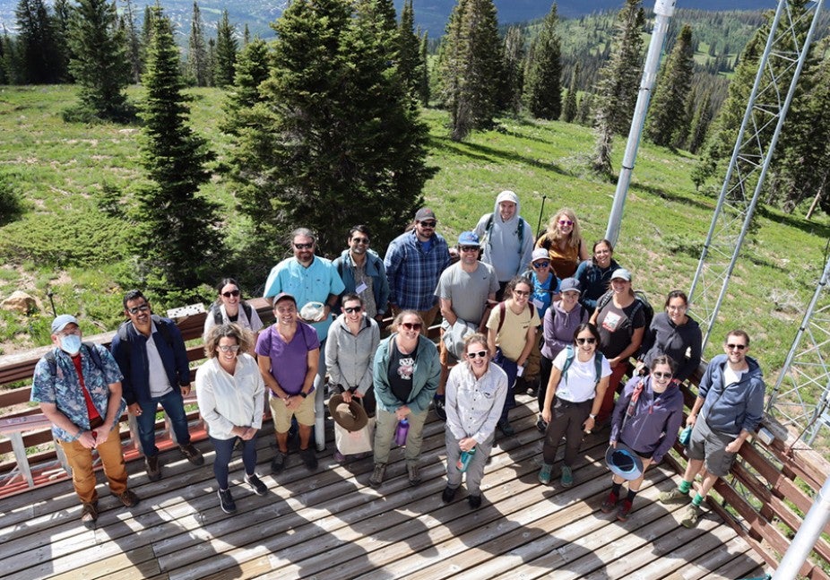 aerial photo of group of people on platform with pine trees in background