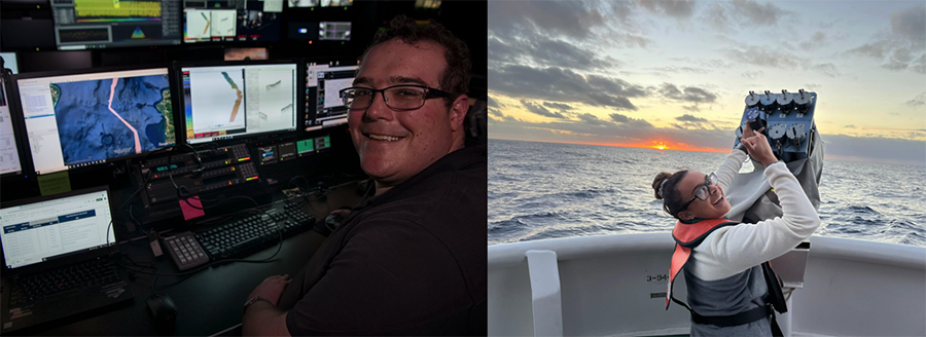 Two photos: on left a student in front of monitors, and on right a student on the deck of a ship