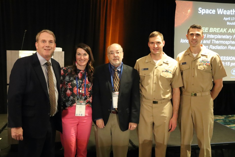 Pictured above (left to right) Bill Murtagh, NOAA Space Weather Prediction Center (SWPC); Dr. Jennifer Meehan, National Space Weather Program Manager, NOAA NWS; Dr. Howard Singer, NOAA Space Weather Prediction Center (SWPC); Lt. Frank Centinello III, NOAA ; and Lt. Bryan Brasher, NOAA.