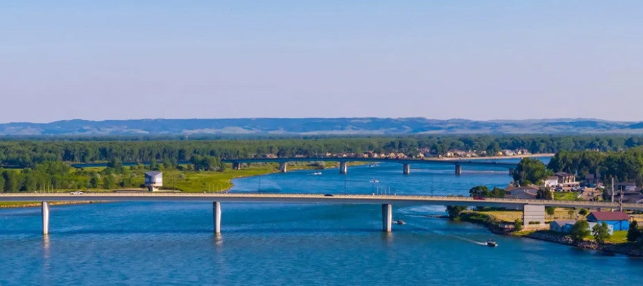 blue river with bridge