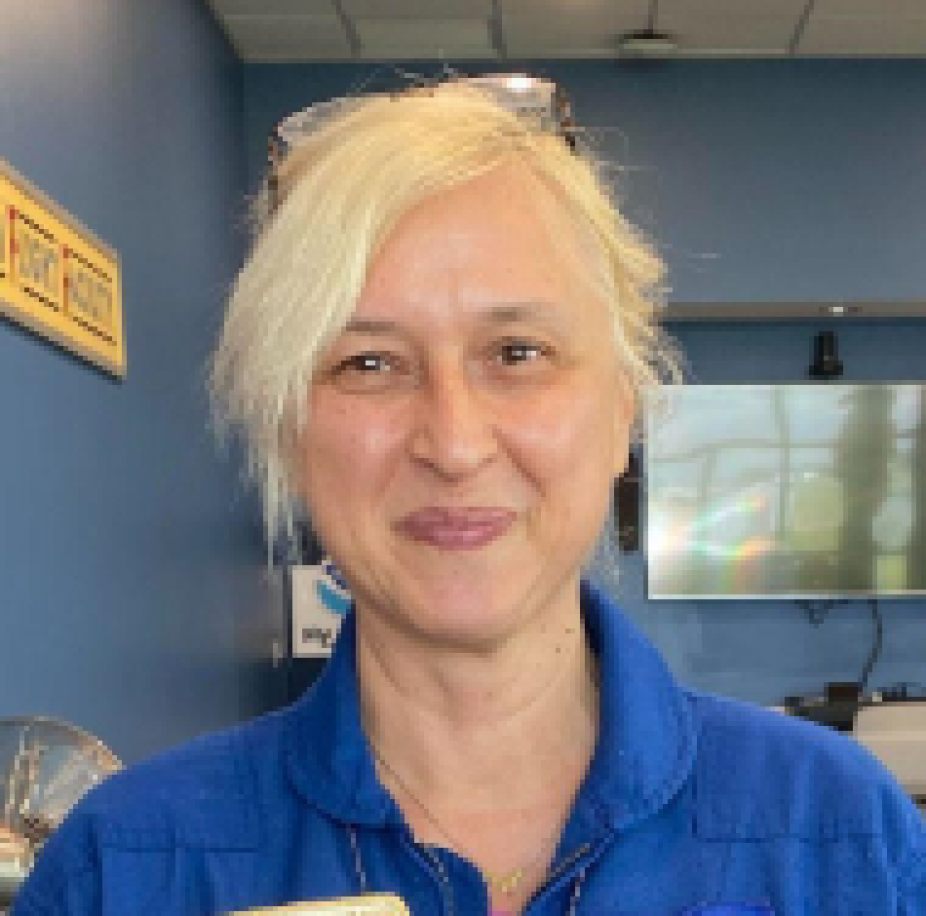 headshot of Zorana Jelenak with hurricane image in the background