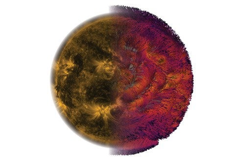 Composite image of a solar observation in extreme ultraviolet from the Solar Dynamics Observatory