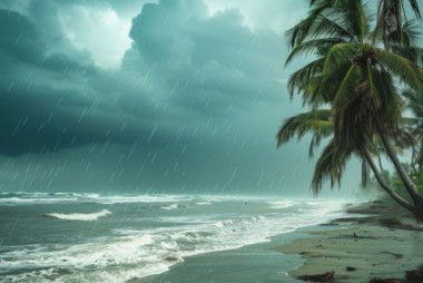 stormy sky over beach with palm tree